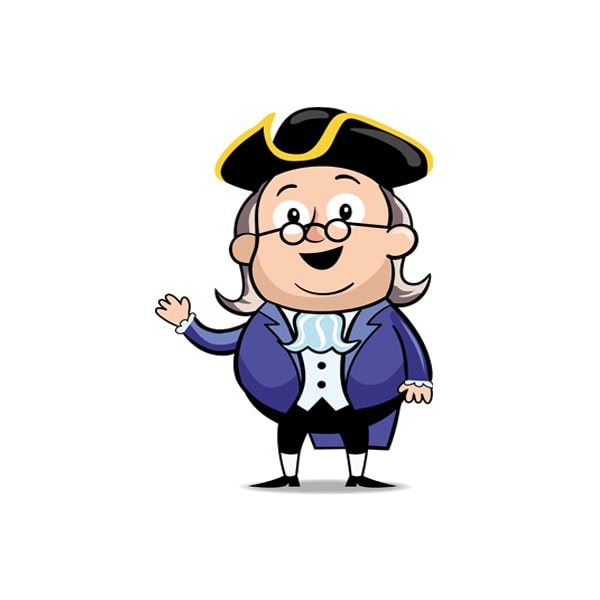 Cartoon character dressed as a historical figure in a blue coat, white shirt with cravat, black shoes, and a black tricorn hat with yellow trim, smiling and waving.