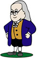 Cartoon illustration of an older man with glasses, long gray hair, a blue coat, yellow vest, white cravat, black pants, and shoes, standing on a green oval.