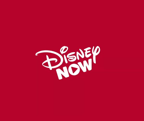 Disney now logo on a red background.