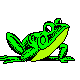 Animated green frog leaping forward, viewed from the side, with its back legs extended and front legs reaching out. The background is plain and the animation loops continuously.