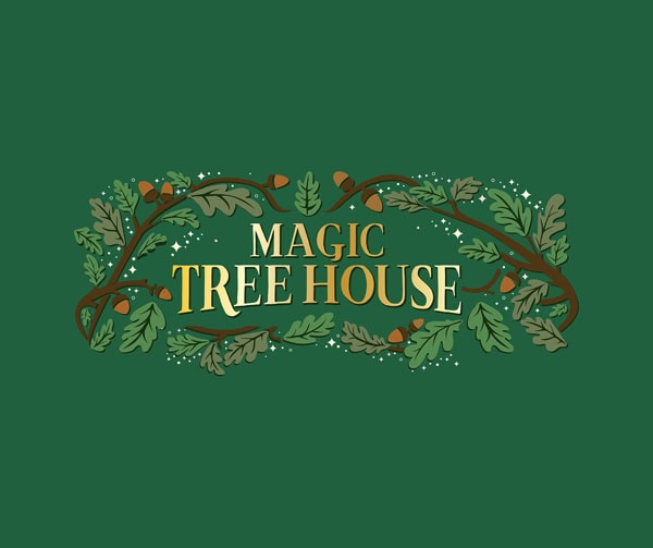 Magic Tree House text in gold, surrounded by illustrated oak branches with green leaves and brown acorns, on a dark green background.