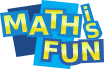 Colorful logo with the words “MATH is FUN” in large yellow letters outlined in blue, arranged playfully on overlapping blue rectangles.