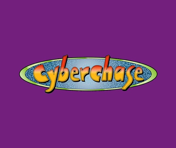 The Cyberchase logo features colorful, playful text in orange and yellow shades on a blue oval background, set against a solid purple backdrop.