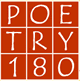 A grid of nine red squares, each containing a white letter or number, spells out POETRY 180 in a stacked format.