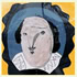 Abstract painting of a person with a pale oval face, dark hair, and a white ruffled collar, set against a yellow and blue background. The style is minimalistic and distorted.