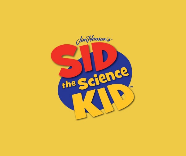 Logo for Sid the Science Kid with bold red, yellow, and white letters on a blue oval, set against a solid yellow background. The text includes Jim Hensons at the top in a smaller handwritten font.