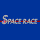 The image shows the words SPACE RACE in large, silver letters on a blue background. The letter S resembles a NASA logo, and a red line runs horizontally through the text.