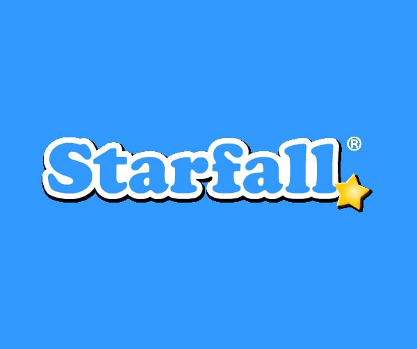 The word Starfall in white, playful letters with a light blue outline, set against a blue background. A yellow star replaces the dot above the letter i, and there is a registered trademark symbol after the word.